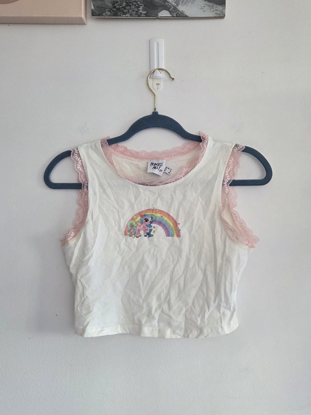 Princess Polly White Tank Top with Pink Lace & Rainbow Unicorn